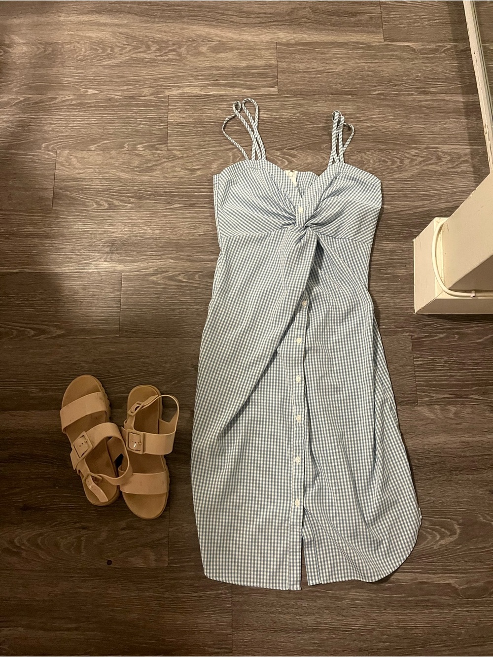 Davi & Dani Blue Gingham Tie-Front Button Midi Dress sz S